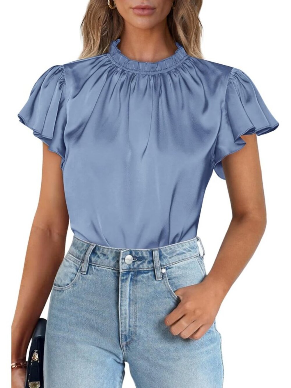 Women's Blue Satin Blouse Ruffled Neck Flutter Sleeve Office Work Silk Top